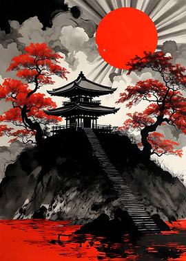 Japanese Temple with Red Sun and Trees