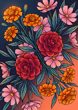 Floral Arrangement with Roses and Cosmos