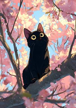 Black cat in cherry blossom tree