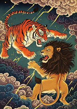 Tiger versus Lion in Stormy Sky
