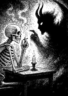 Skeleton Smoking with Devilish Shadow