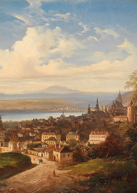 Cityscape Painting with River and Mountains