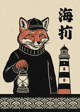 Fox Sailor with Lantern and Lighthouse