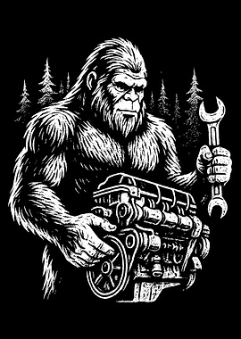 Bigfoot Engine Poster, Vintage Forest Garage Art, Sasquatch Mechanic Wall Print