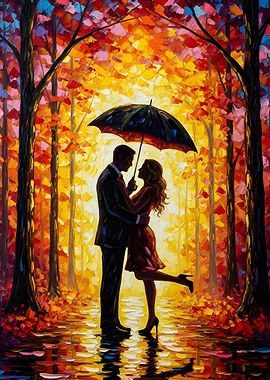 Romantic Couple Under Umbrella in Autumn