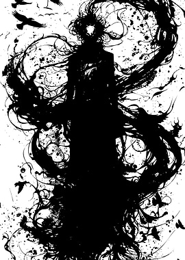 Silhouette Figure with Raven and Ink Splatters
