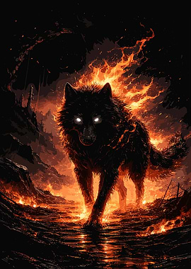 Fiery Wolf in a Dark Landscape