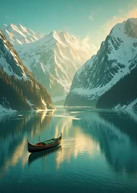 Solitary Gondola on a Tranquil Alpine Lake at Sunrise