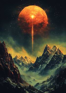 Fantasy Landscape with Moon and Mountains