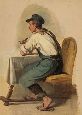Man Smoking Pipe at Table Painting