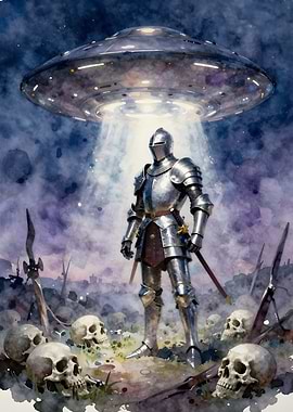 Knight and UFO Watercolor Painting