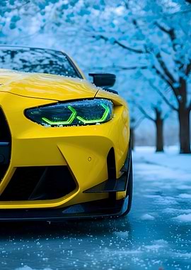 Yellow Car in Winter Landscape