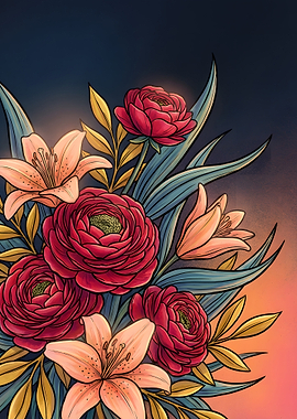 Floral Arrangement with Roses and Lilies