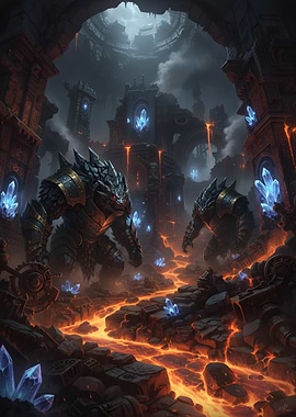 Fantasy Lava Landscape with Stone Guardians