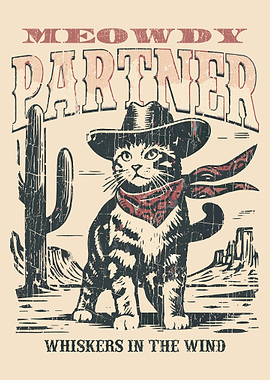 Meowdy Partner Cat Poster, Cowboy Kitty Wall Art, Desert Vintage Illustration Print