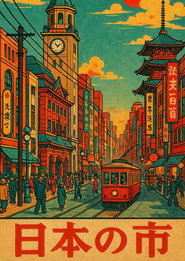 Japanese Cityscape with Tram and Clocktower
