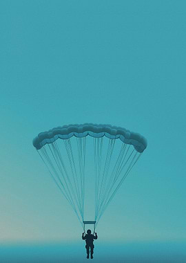 Parachutist descending in blue monochrome
