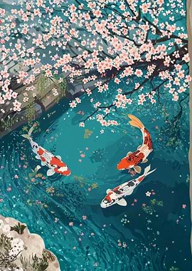 Koi Fish and Cherry Blossoms Art