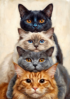 Cute Stacked Cats Portrait