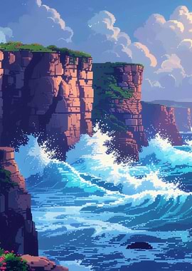 Pixel Art Coastal Cliff Landscape