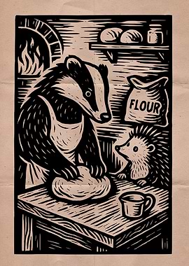 Badger and Hedgehog Baking Woodcut Print