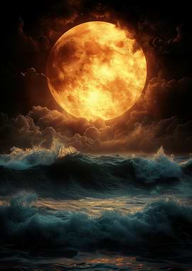 Golden moon over ocean waves