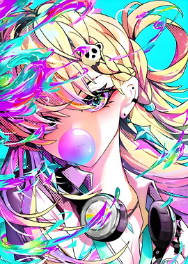 Colorful Anime Girl with Bubble Gum
