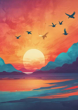 Sunset over water with birds flying