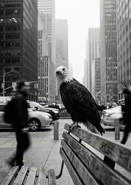 Bald Eagle on Bench in City