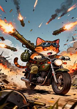 Military Cat on Motorcycle in War Zone