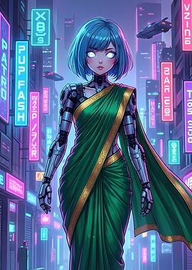 Cyberpunk Robot Girl in Saree