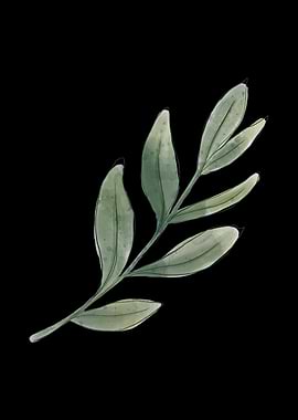 Watercolor Green Leaf on Black Background