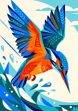 Stylized Kingfisher Diving into Water