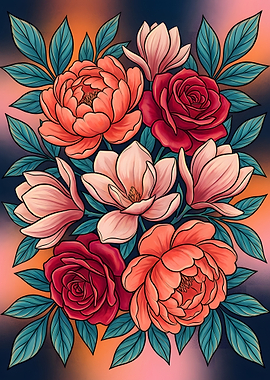 Floral Arrangement with Roses and Magnolias