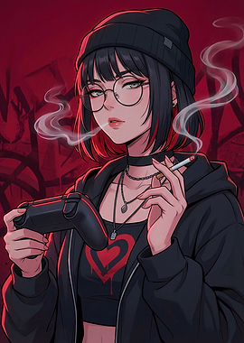 Anime Girl Gamer with Cigarette