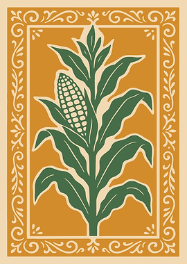 Corn Stalk Illustration with Decorative Border