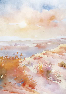 Watercolor Landscape with Sunset
