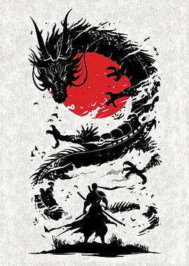 Dragon and Warrior Silhouette Art