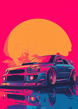 Vaporwave Subaru Impreza with Sunset