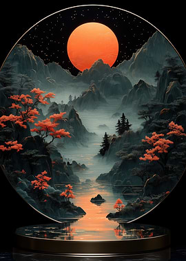 Japanese Landscape with Moon and River