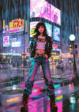 Cyberpunk Girl in Rainy Cityscape
