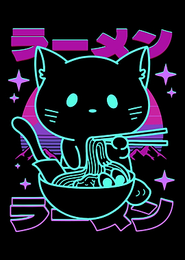 Neon Ramen Cat Poster, Vaporwave Japanese Art Print, Retro Anime Kitchen Wall Decor