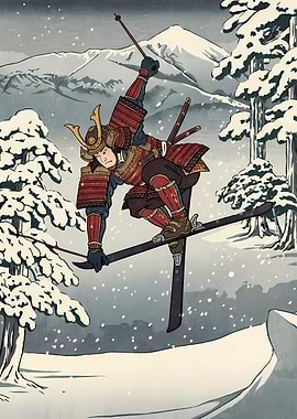 Samurai Skier in Snowy Landscape