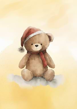 Watercolor Teddy Bear with Santa Hat