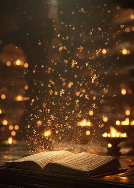 Open Book with Floating Symbols