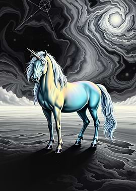 Unicorn in a surreal landscape