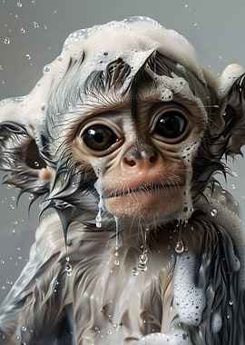 Monkey taking a bath with soap