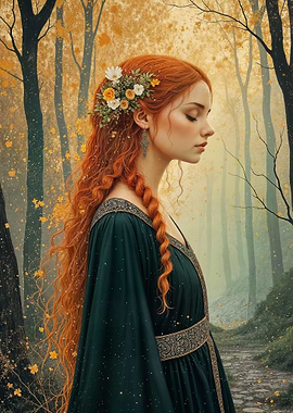 Red-haired woman in forest, autumn