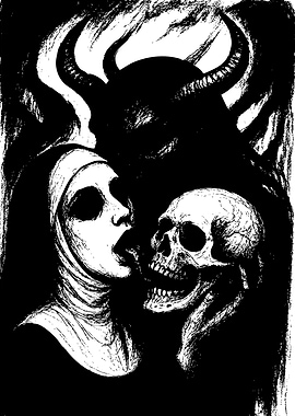 Nun, Skull, and Devil Black and White