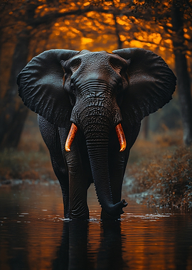 Elephant in Water with Orange Tusks